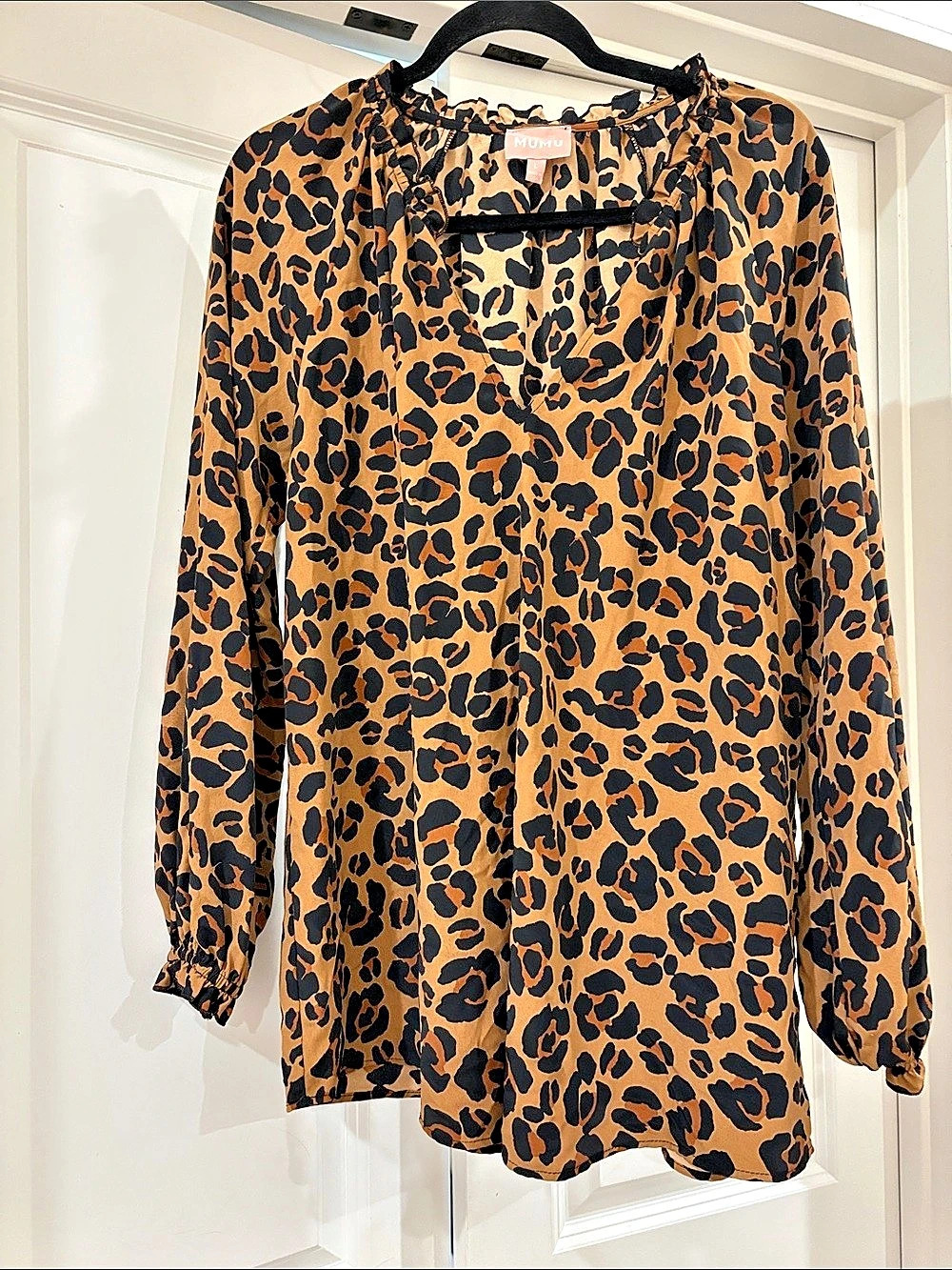 MUMU Leopard Print Blouse in Brown & Black Size Large Like New